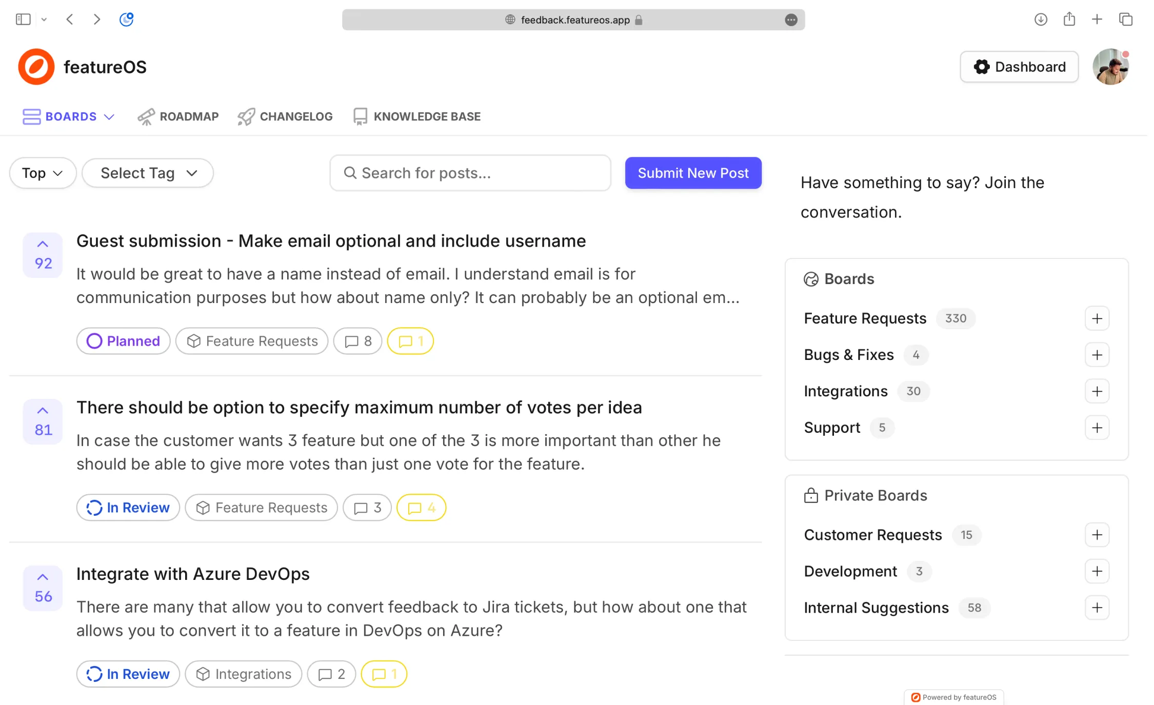 feedback boards on featureOS